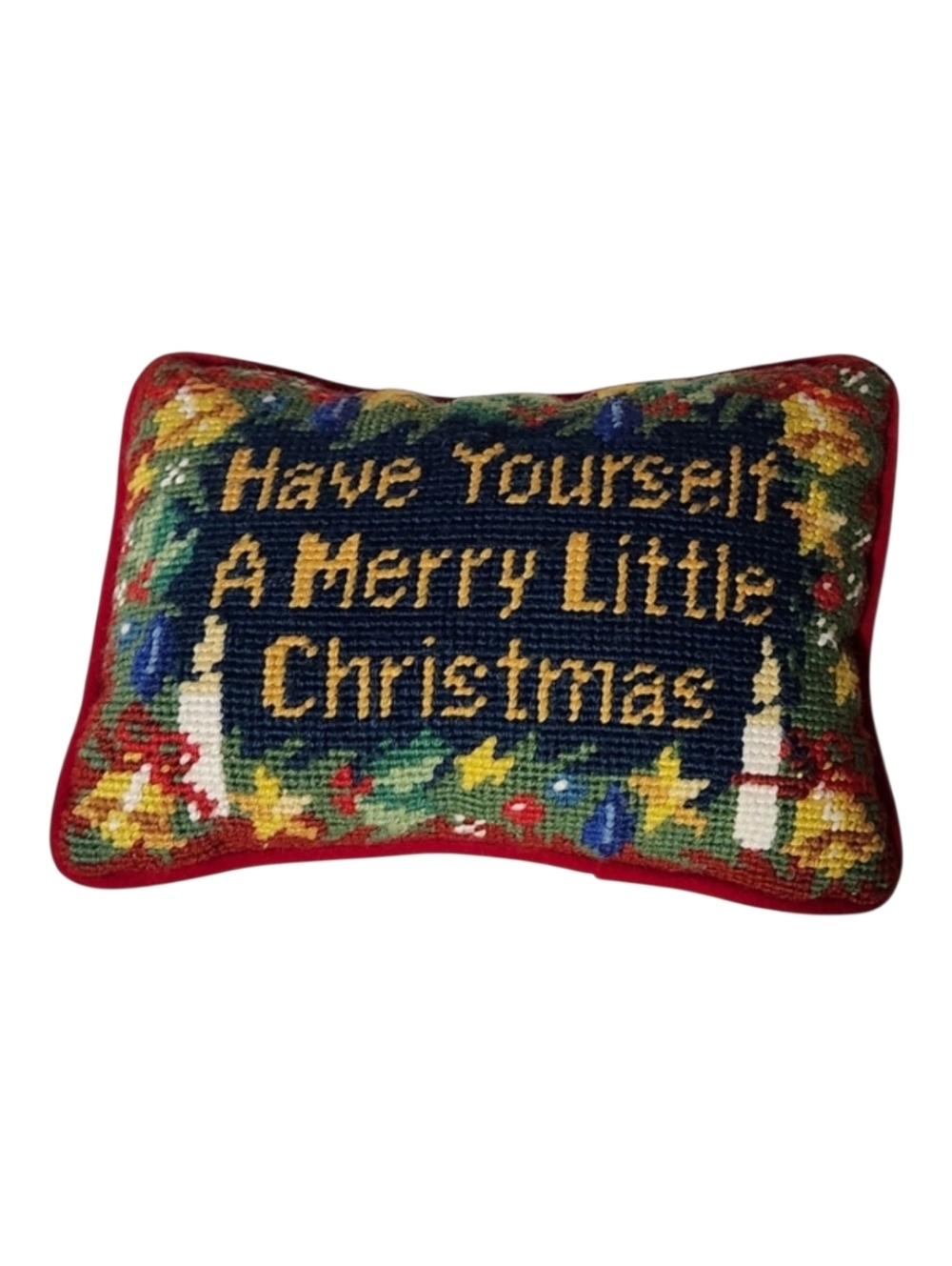 Needlepoint ‘Have Yourself A Merry Little Christmas’ 8”x6” Velvet Back Pillow